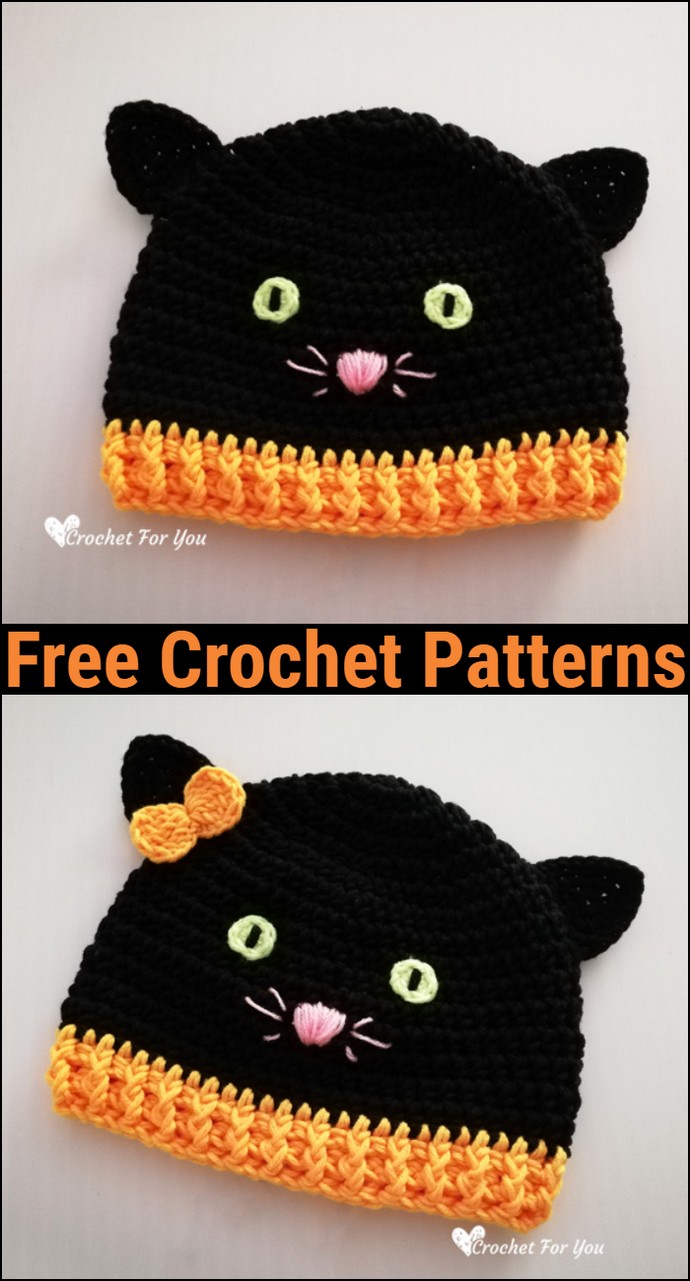 Crochet Halloween Black Cat Hat Free Pattern